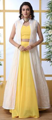 Yellow Embroidered Georgette Semi Stitched Lehenga 1