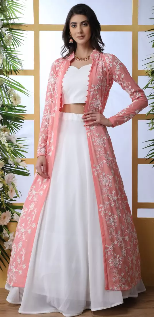 White Embroidered Georgette Semi Stitched Lehenga