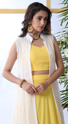 Yellow Embroidered Georgette Semi Stitched Lehenga 3