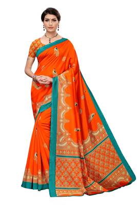 Orange Printed Art Silk Saree With Blouse 1