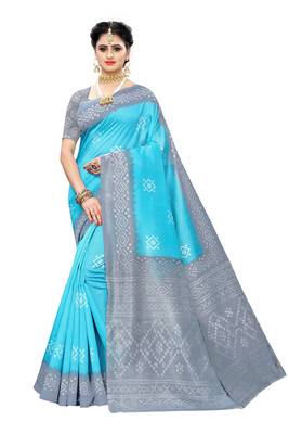 Aqua blue printed art silk saree with blouse 1