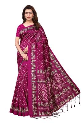 Wine printed art silk saree with blouse 1