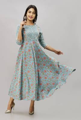 Women's  green Cotton Floral Printed Anarkali Kurta 1