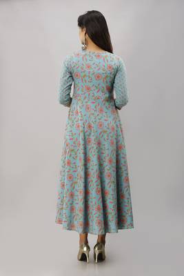 Women's  green Cotton Floral Printed Anarkali Kurta 2