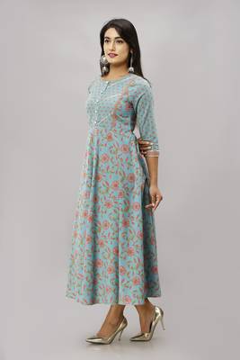 Women's  green Cotton Floral Printed Anarkali Kurta 3