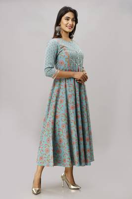 Women's  green Cotton Floral Printed Anarkali Kurta 4