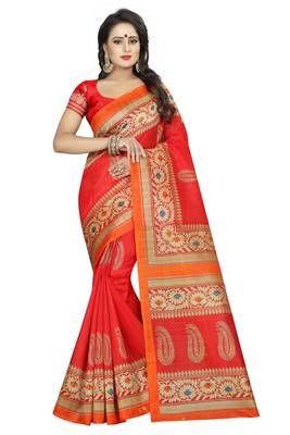 Red Printed Art Silk Saree With Blouse 1