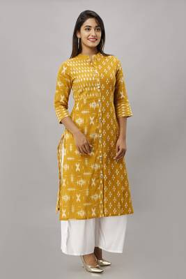 Women's  yellow Cotton Slub Ikat Printed Straight Kurta 1