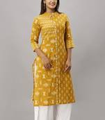 Women's  yellow Cotton Slub Ikat Printed Straight Kurta