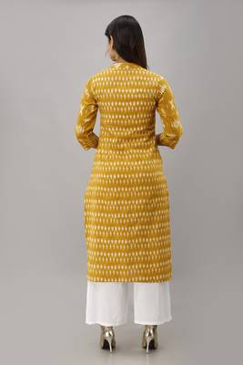 Women's  yellow Cotton Slub Ikat Printed Straight Kurta 2