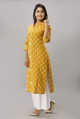 Women's  yellow Cotton Slub Ikat Printed Straight Kurta 3