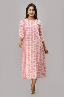 Women's  Pink Cotton Geometric Printed A-line Kurta 1