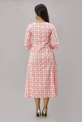 Women's  Pink Cotton Geometric Printed A-line Kurta 2