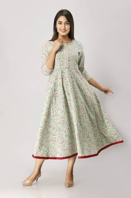 Women's  green Cotton Floral Printed Anarkali Kurta 1