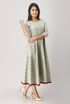 Women's  green Cotton Floral Printed Anarkali Kurta 3