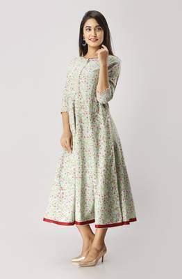 Women's  green Cotton Floral Printed Anarkali Kurta 4