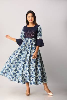 Women's  blue Cotton Flex & Cotton Floral Printed Anarkali Kurta 1
