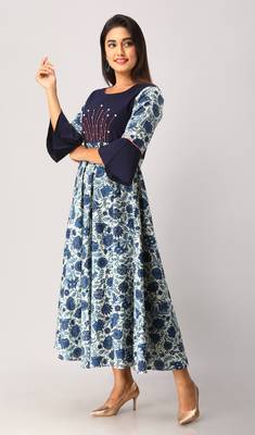 Women's  blue Cotton Flex & Cotton Floral Printed Anarkali Kurta 4