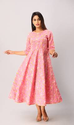Women's  Pink Cotton Floral Printed Anarkali Kurta 1