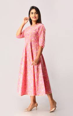 Women's  Pink Cotton Floral Printed Anarkali Kurta 2