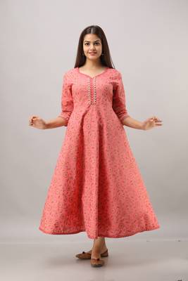 Women's  orange Cotton Gold Printed Anarkali Kurta 1