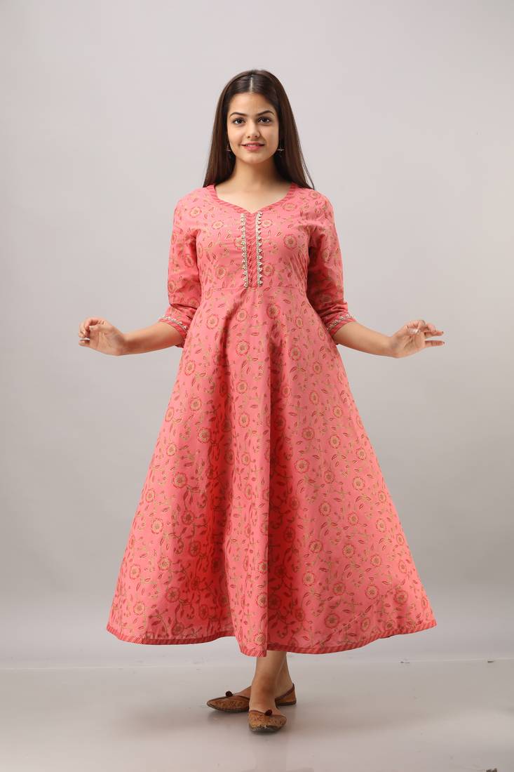 Women's  orange Cotton Gold Printed Anarkali Kurta