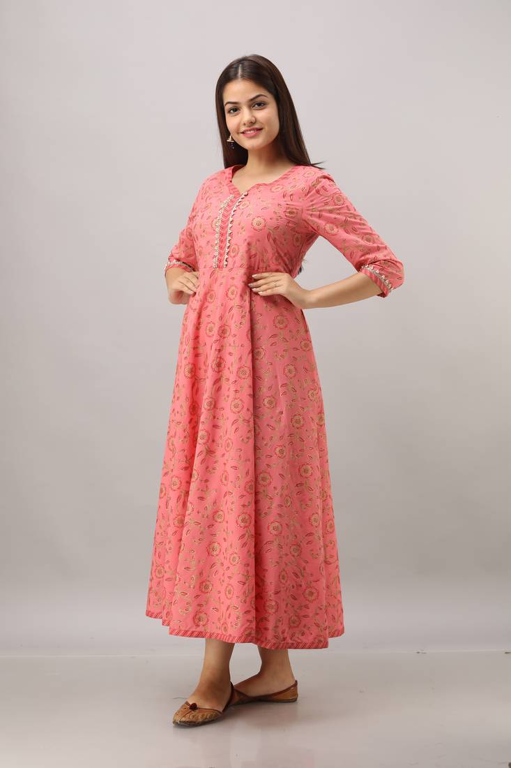 Women's  orange Cotton Gold Printed Anarkali Kurta