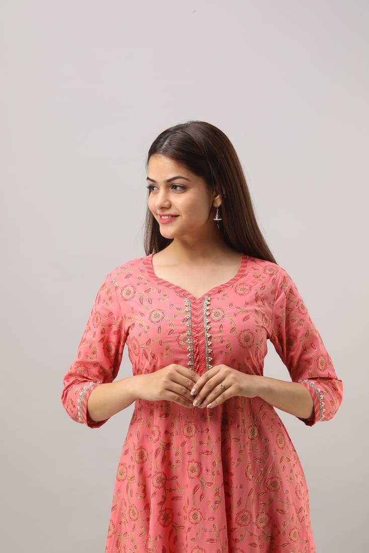 Women's  orange Cotton Gold Printed Anarkali Kurta