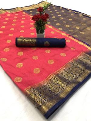 Pink woven silk saree with blouse 1