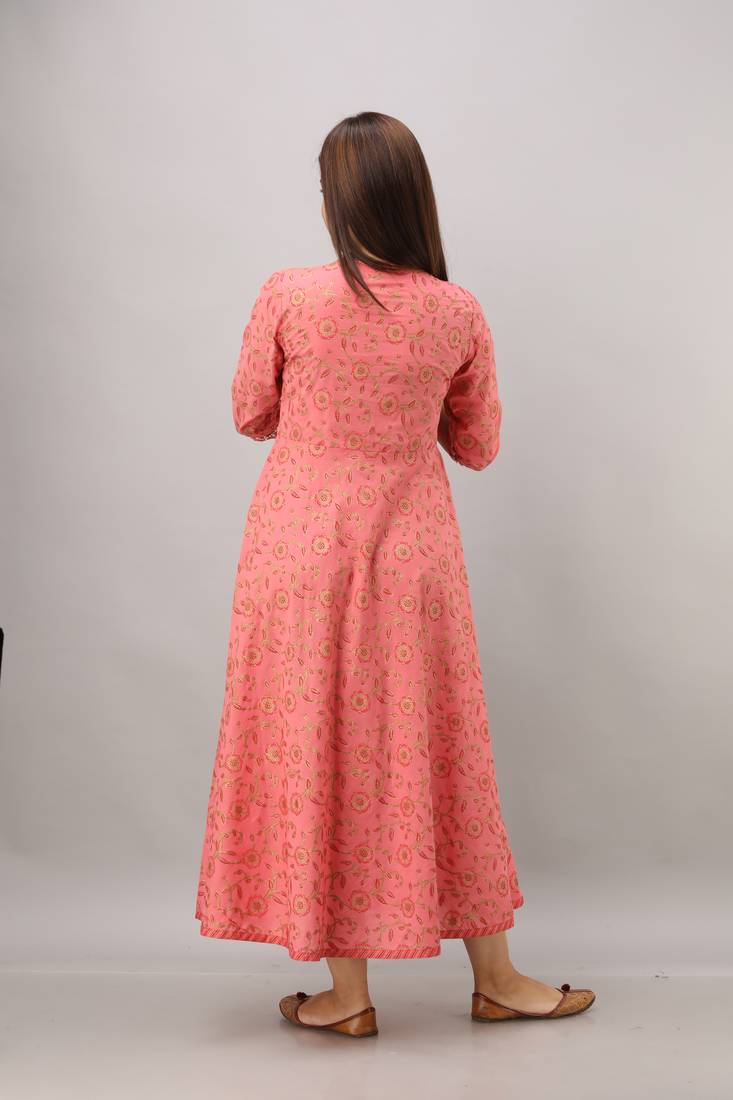 Women's  orange Cotton Gold Printed Anarkali Kurta