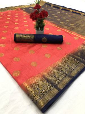 Peach woven silk saree with blouse 1