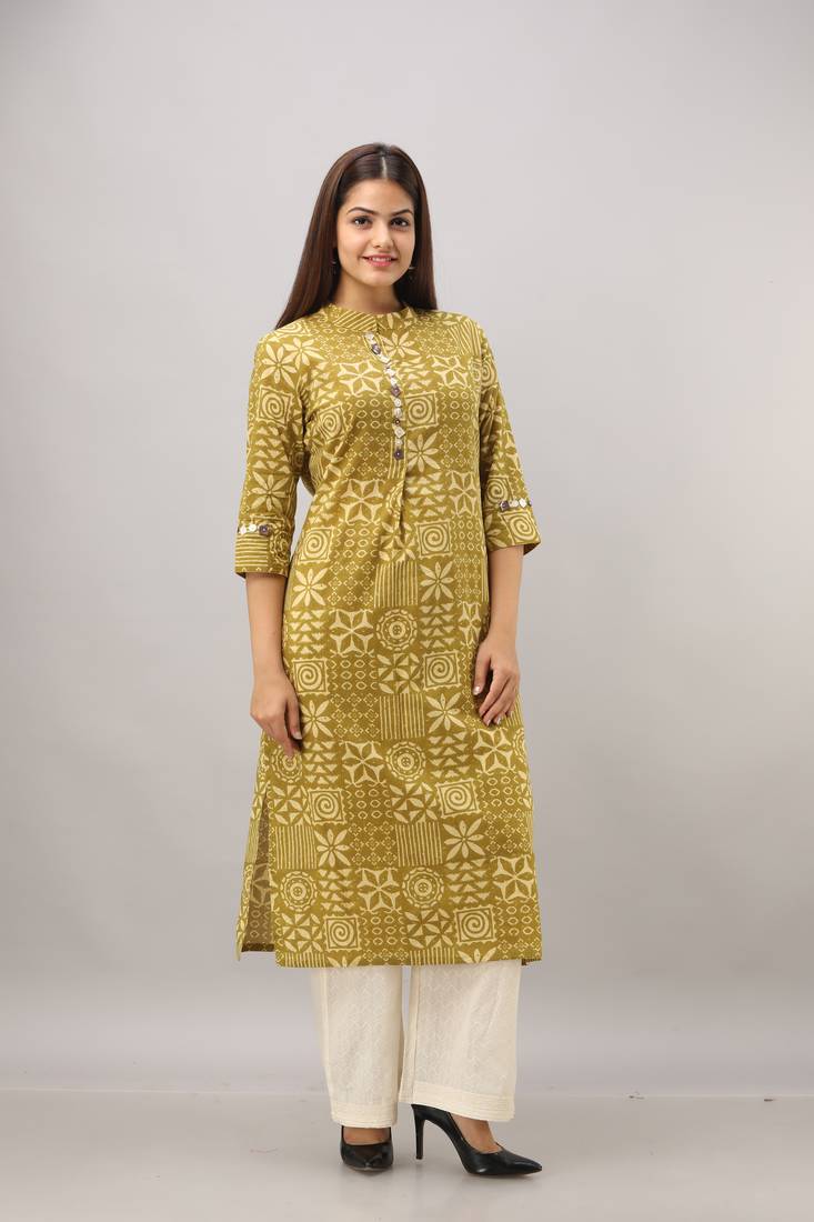Women's  green Cotton Geometric Printed Straight Kurta