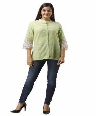 Women's green Cotton Slub Solid Regular Fit Shirt 1