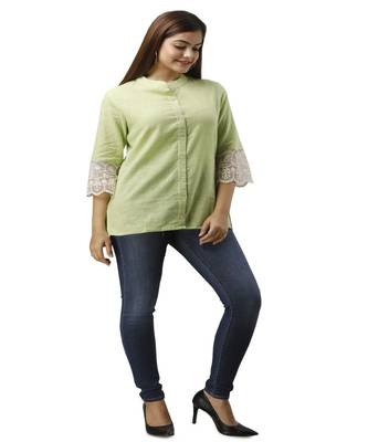 Women's green Cotton Slub Solid Regular Fit Shirt 2