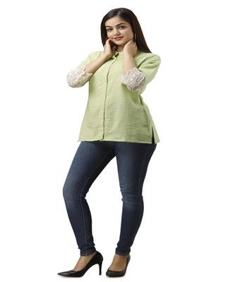 Women's green Cotton Slub Solid Regular Fit Shirt 3