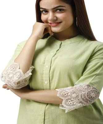 Women's green Cotton Slub Solid Regular Fit Shirt 5
