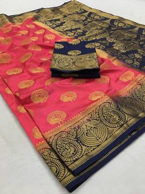Navy blue woven silk saree with blouse 1
