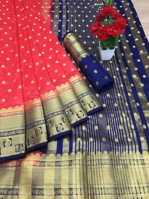 Peach woven silk saree with blouse 1