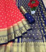 Peach woven silk saree with blouse