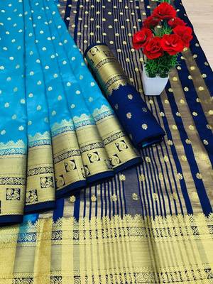 Sky blue woven silk saree with blouse 1