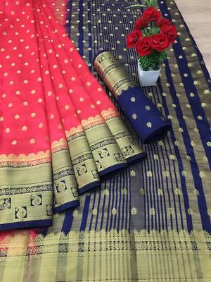Peach woven silk saree with blouse 1