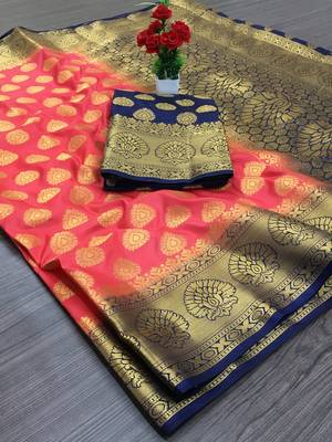 Peach woven silk saree with blouse 1