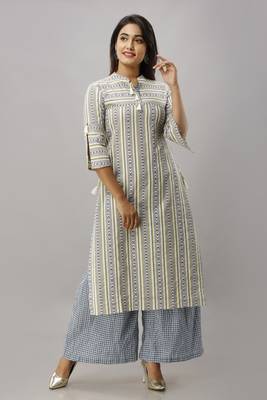 Women's Cotton Flex Geometric Printed Straight Blue Kurta Palazzo Set 1