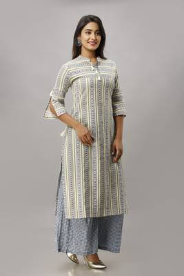 Women's Cotton Flex Geometric Printed Straight Blue Kurta Palazzo Set 2