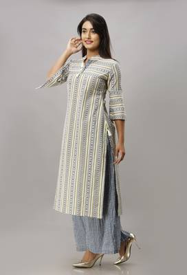 Women's Cotton Flex Geometric Printed Straight Blue Kurta Palazzo Set 4