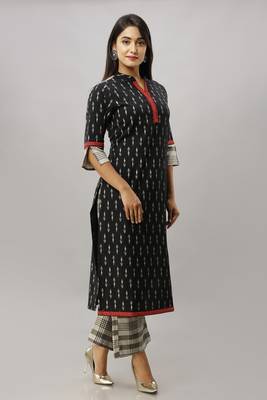 Women's Cotton Flex Ikat Printed Straight Black Kurta Palazzo Set 1
