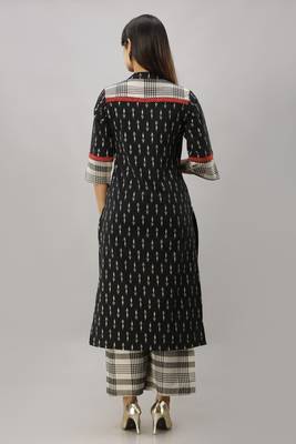 Women's Cotton Flex Ikat Printed Straight Black Kurta Palazzo Set 2