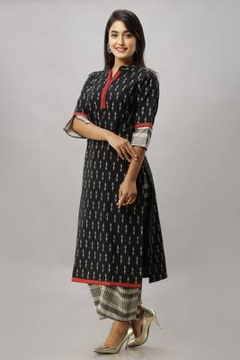 Women's Cotton Flex Ikat Printed Straight Black Kurta Palazzo Set 3