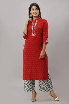 Women's Cotton Printed Straight Red Kurta Palazzo Set 1
