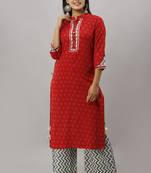 Women's Cotton Printed Straight Red Kurta Palazzo Set